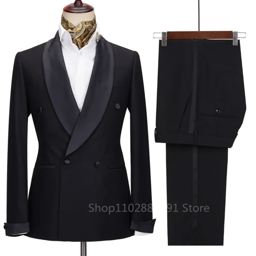 2 Pieces New Men Suit Black Satin Lapel Tuxedo Double Breasted Wedding Shawl Lapel Party Costume Groom Male Wear