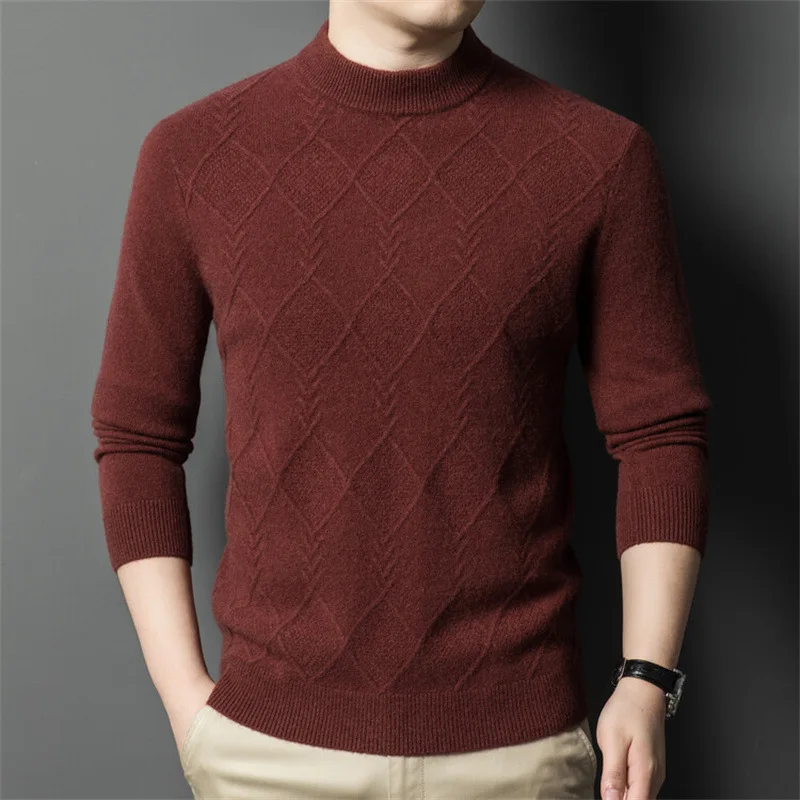 2025 new lunching sweater men commerce fashion half hgih neck rhombus pattern thick wool gentleman