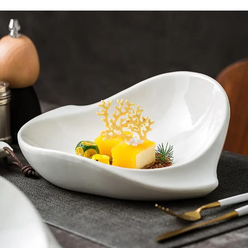 

Simple Irregular Shape Ceramic Fruit Salad Plate Soup Bowls Ramen Noodle Bowl Kitchen Solid Color Cutlery Dinner Plates