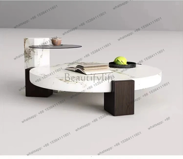 

Minimalist marble coffee table living room household ash wood solid wood feet high and low round coffee table combination