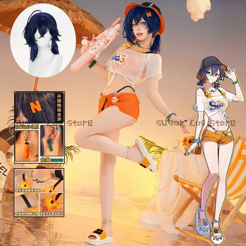 LQGame Zenless Zone Zero Belle Cosplay disfraz peluca traje de baño sombrero verano traje de baño pendientes sombreros Phaethon Wise fiesta de Halloween
