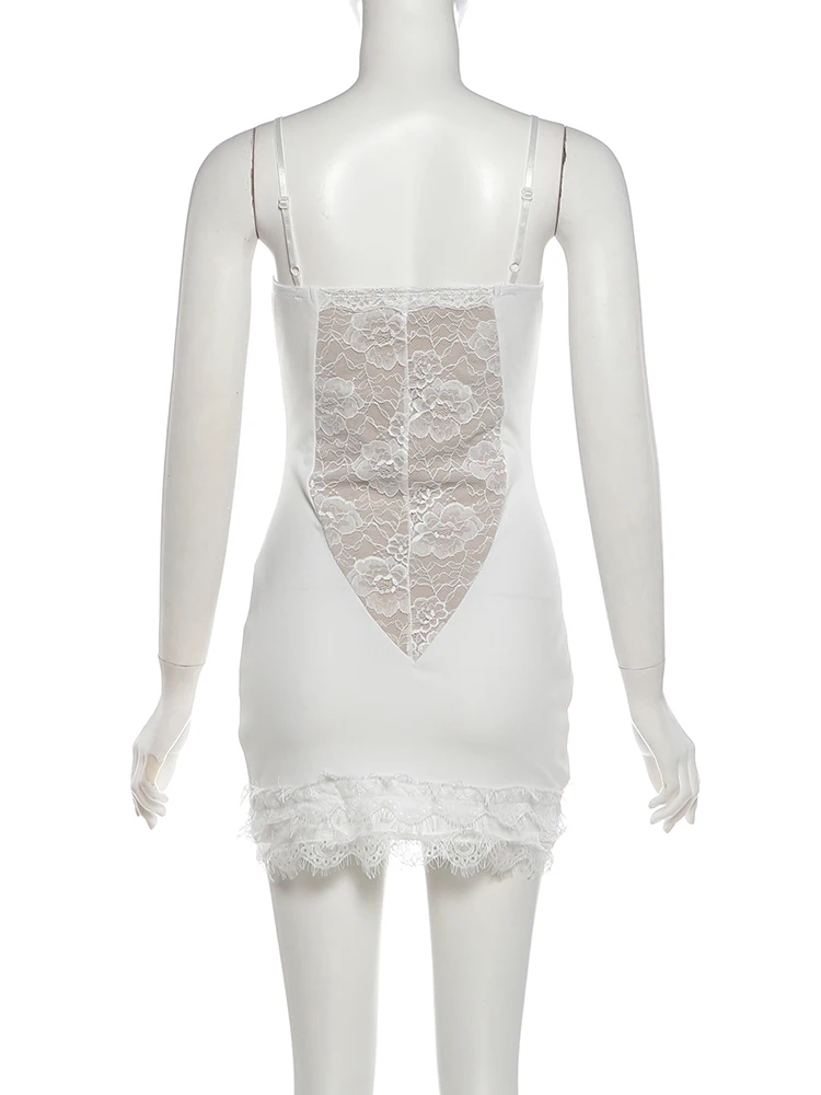 Weird Puss Spitzenkleid für Damen, tief ausgeschnittenes, unregelmäßiges Saumdesign, ärmellos, figurbetont, mit dekorativen Fischgräten, sexy, für Mitternachtspartys, Mini-Bodycon-Kleid – Detail 5