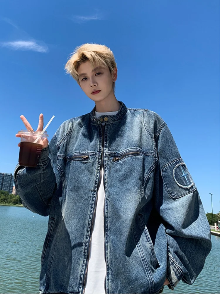 

American Retro Men's Denim Jaet Lazy Sle Workwear Coat Spring Autumn Outerwear Faionable Long Sve Zipper Closure