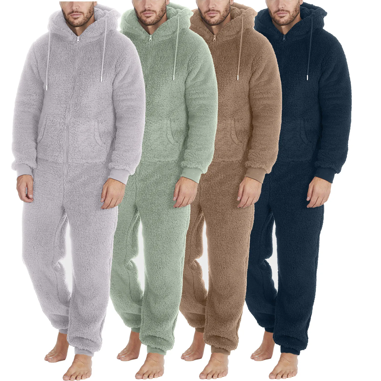 Men's Winter Warm Plush One Piece Pajamas Plus Size 5XL Coral Fleece Jumpsuit Hooded Bodysuit Pajamas Daily Flannel Homewear