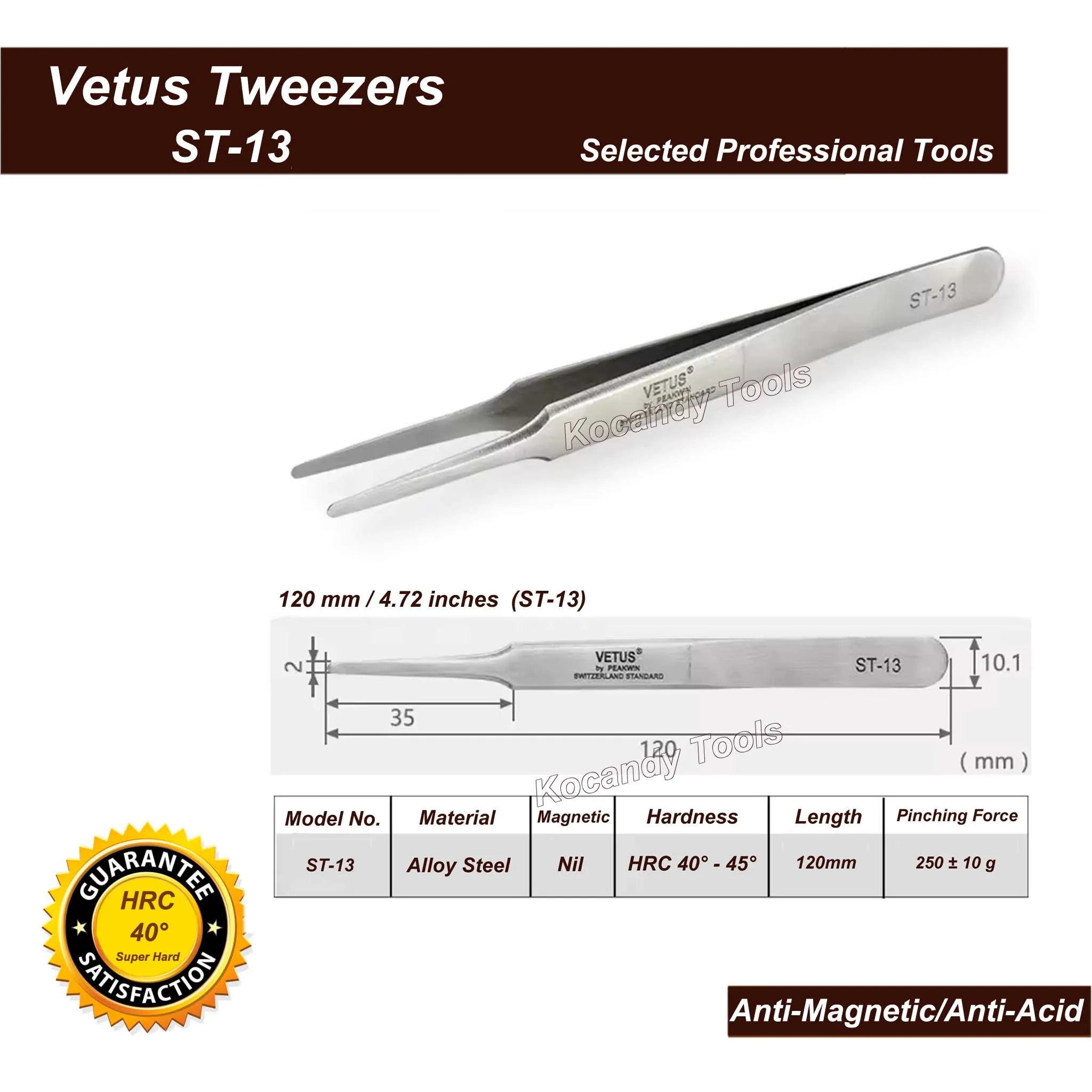 VETUS TWEEZER ST-13 Fine Broard Tip High Quality Stainless Steel Super Hard Anti-magnetic and Anti-Acid Precision Tweezers