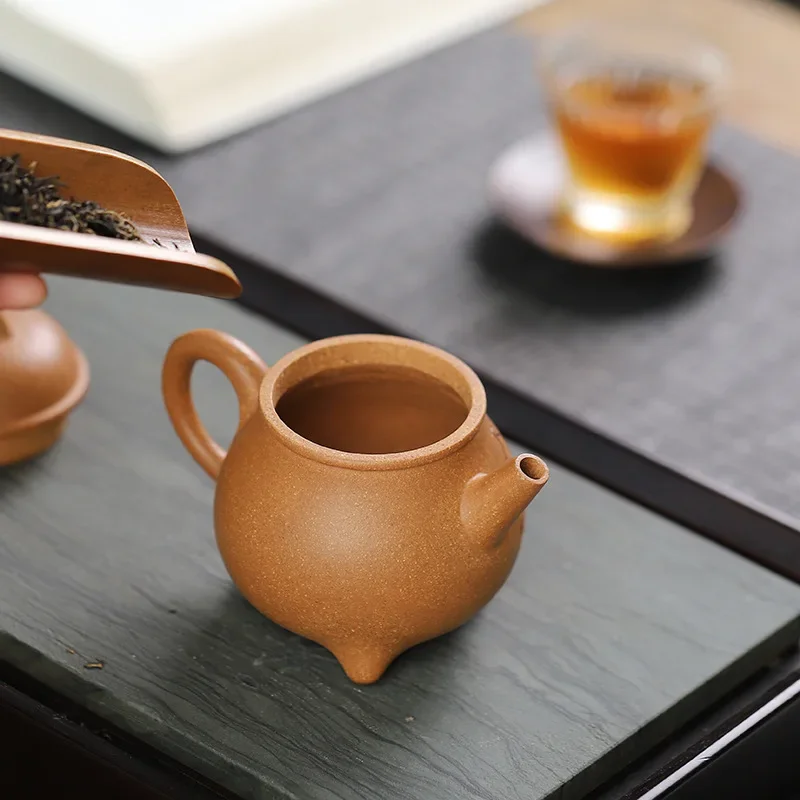 170ml Yixing original ore Huangpo mud handmade three-legged tripod purple sand pot Kung Fu tea set tea ceremony gift