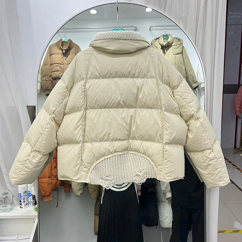 2023 Winter New Women Short Down Cotton Coat Chic Design Jacket Casual Fashion Knitted Collar Warm Thick Parkas