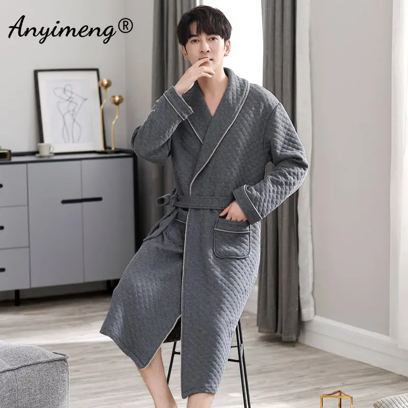 New Winter Luxury Shawl Collar Bathrobe Three Layer Cotton Plus Size 4XL Robe for Gentlemen Simple Style Robe Grey Elegant Robe