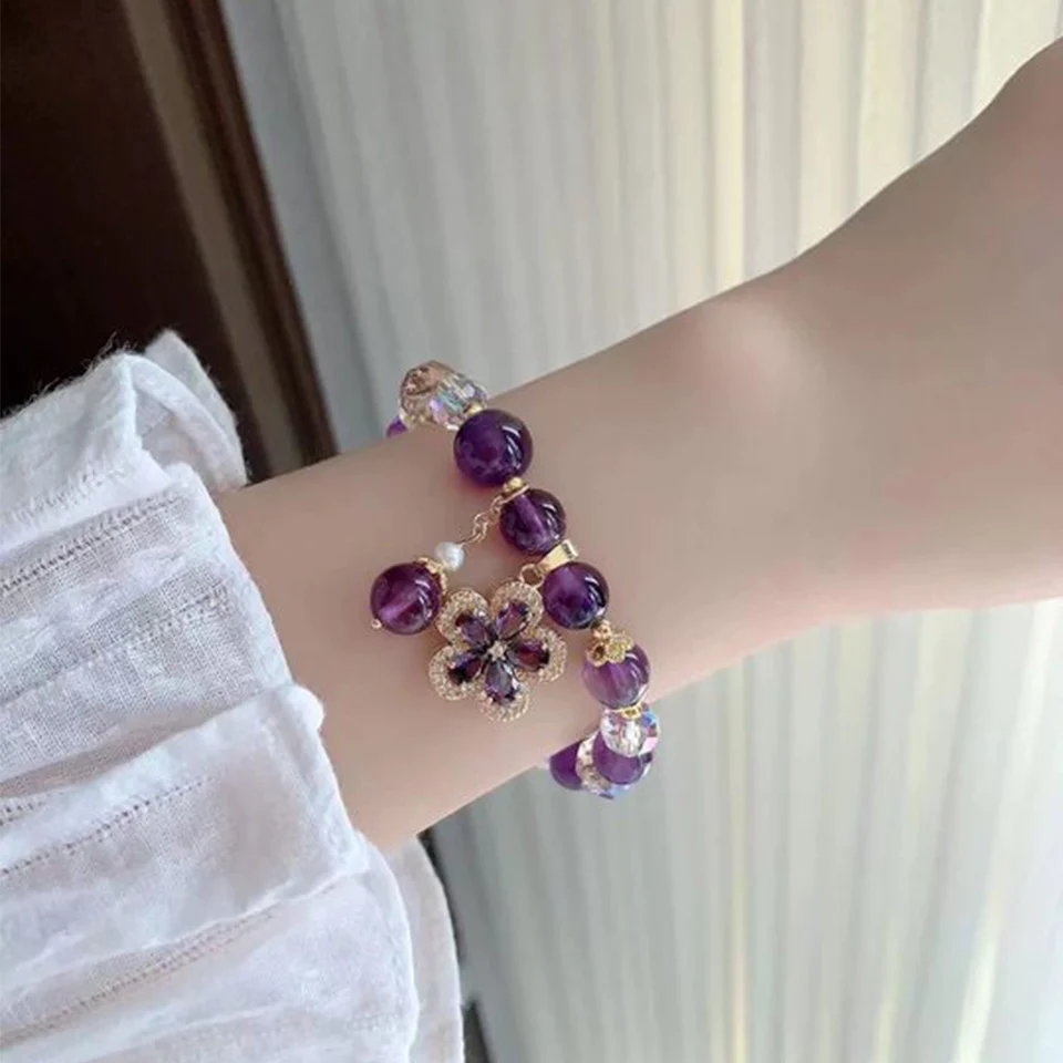 Cute Purple Crystal Beads Zircon Charm Bracelet for Women Trendy Hand Jewelry Birthday Anniversary Holiday Gift