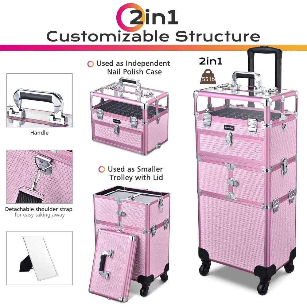 2in1 Nail Polish Organizer Rolling Makeup Train Case Manicure Cosmetic Trolley Travel Nail Case with Clear Lid Extendable Trays