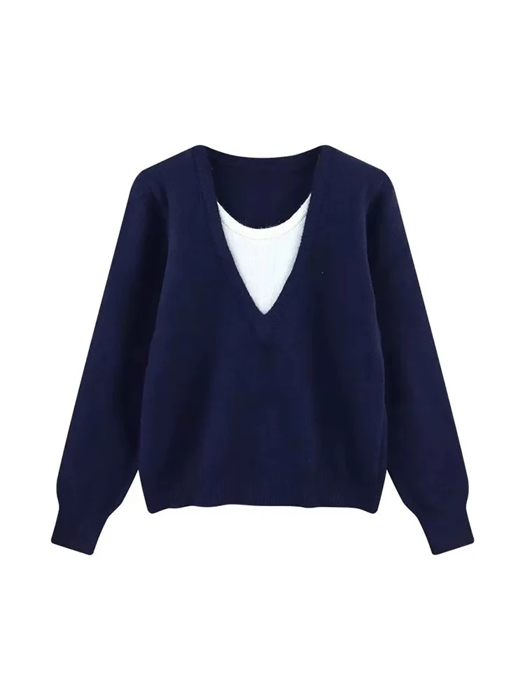 Loose Fit Long Sleeve Deep V Neck Knitted Sweater Women's Autumn Winter Casual Slimming Effect Tibetan Blue  Top