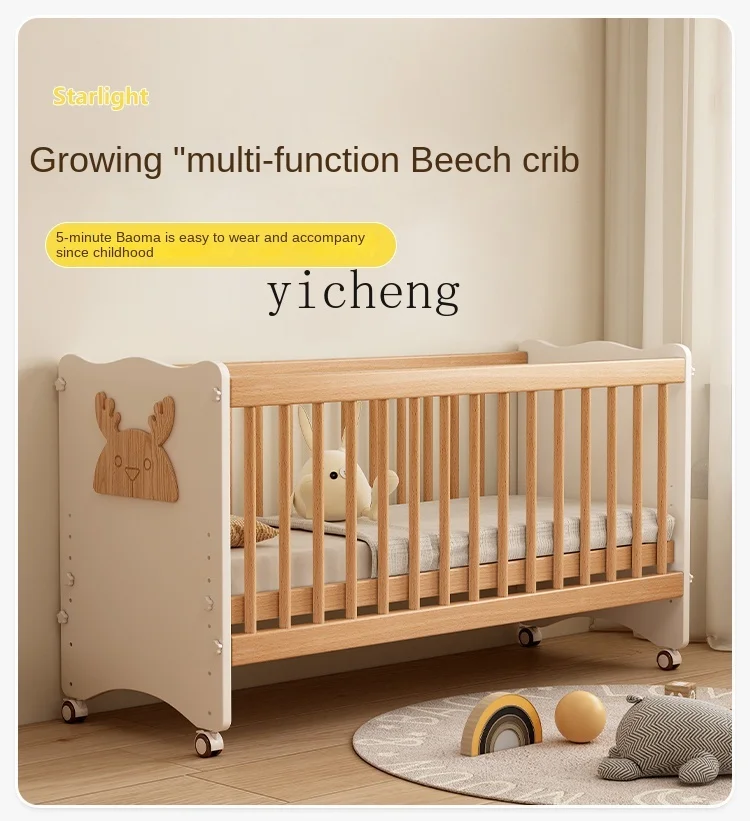 Tqh Multifunctionele Pasgeboren Baby Wieg Beukenstiksels Massief Hout Verplaatsbaar Hijsen Verstelbaar Kinderbed