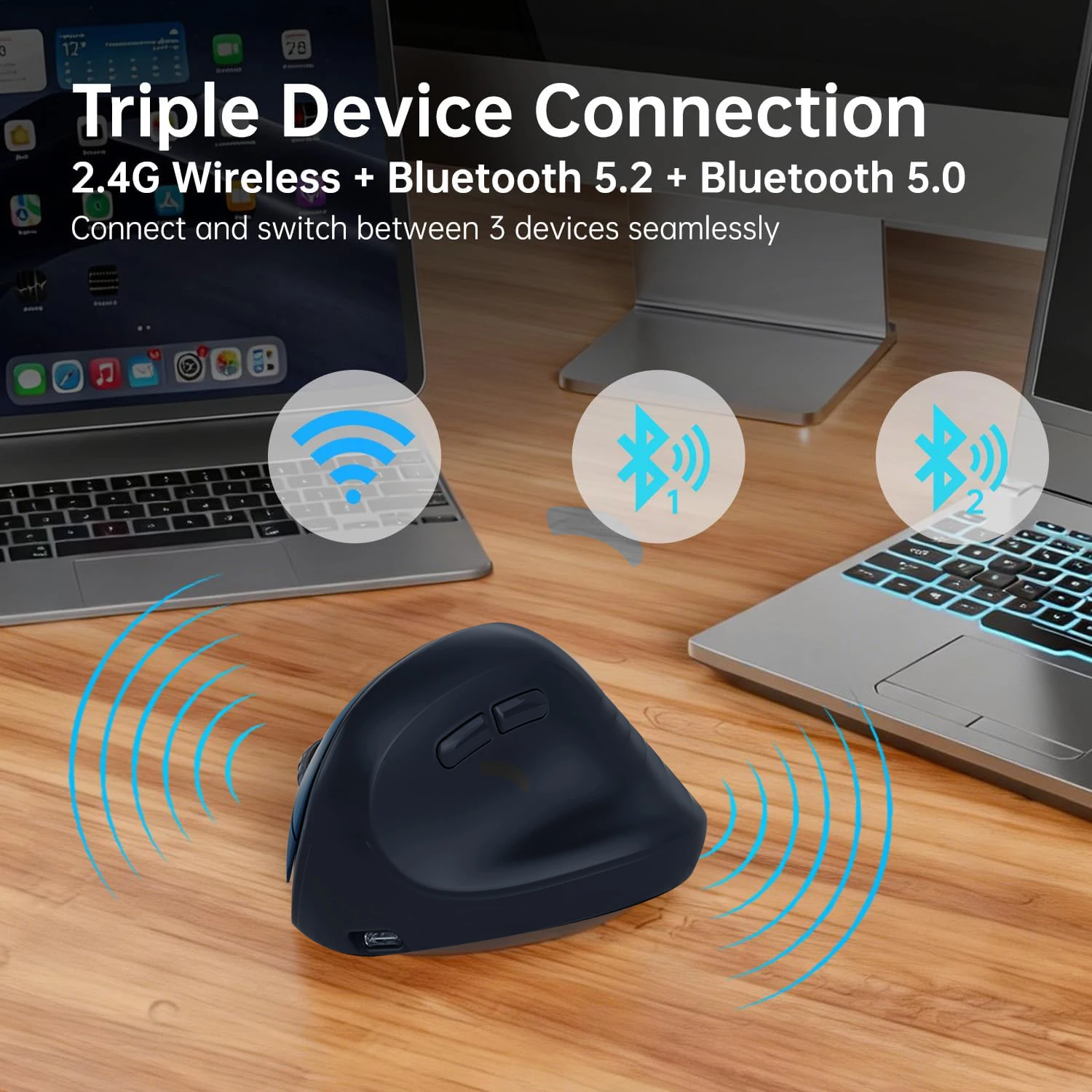 Ergonomic Bluetooth 5.2& 2.4G Wireless Mouse with Noiseless Button,Rechargeable 8000DPI Wireless Optical Mouse for Window/Mac OS
