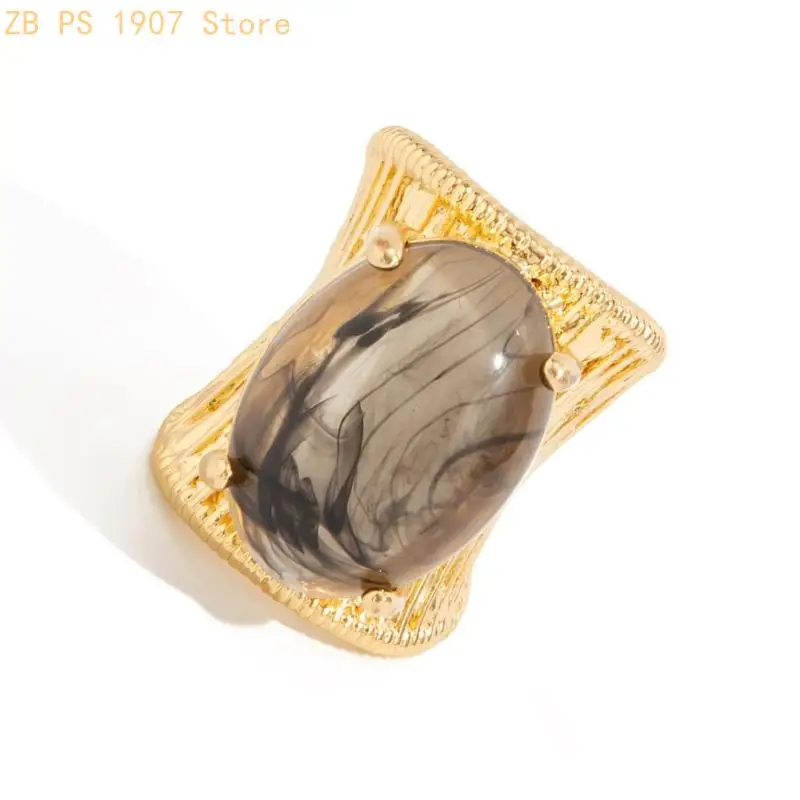 Exaggerated Geometric Adjustable Ring Featuring Gradient Resin Finish And Metal Stripe For Modern Fashion Statement 55KA