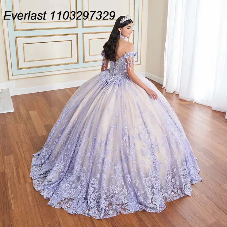 Evlast personalizado lavanda quinceanera vestido de baile renda applique miçangas cabo mexicano doce 16 vestidos de 15 anos tqd841