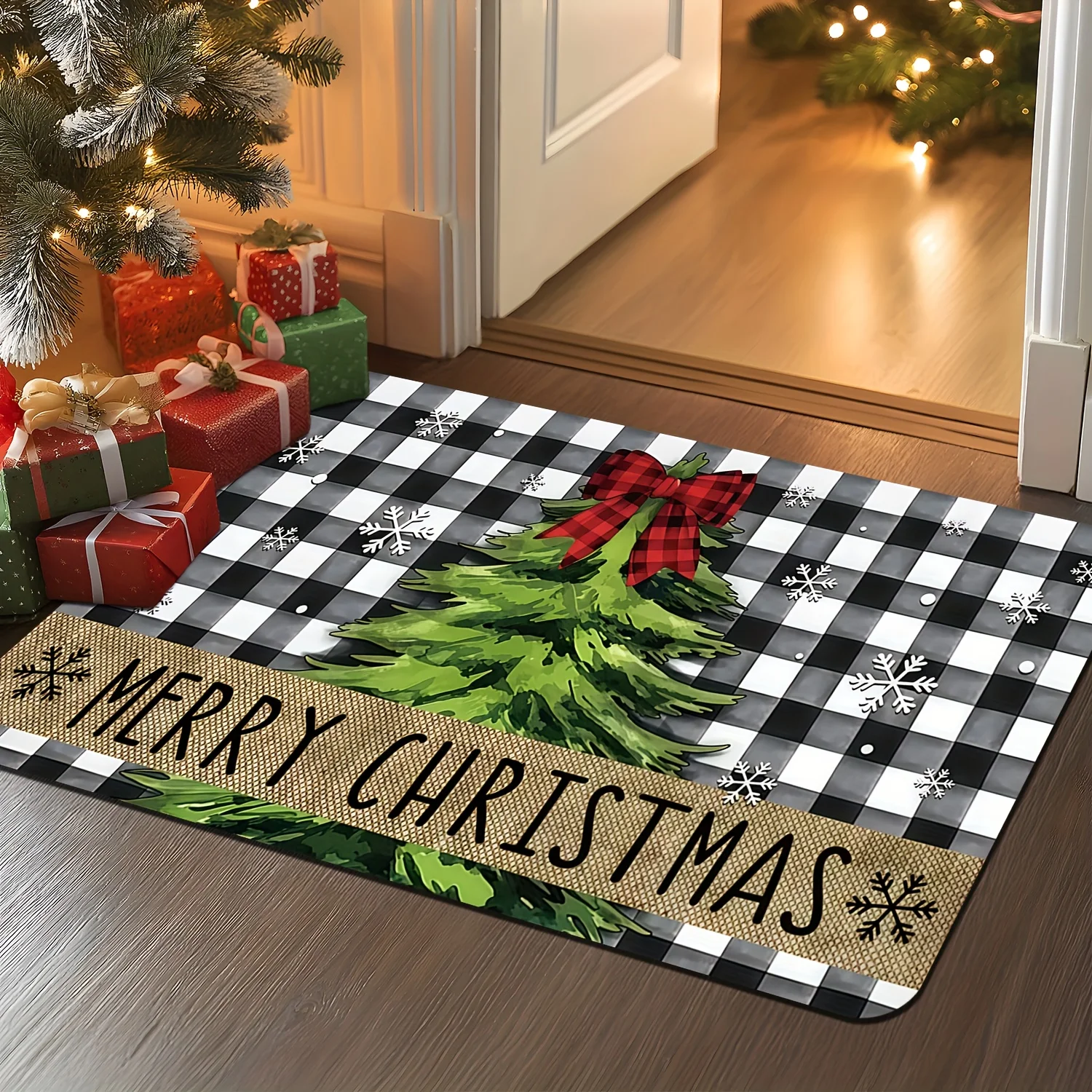 1pc Xmas Black and White Plaid Christmas Tree with Bow and Snowflake 