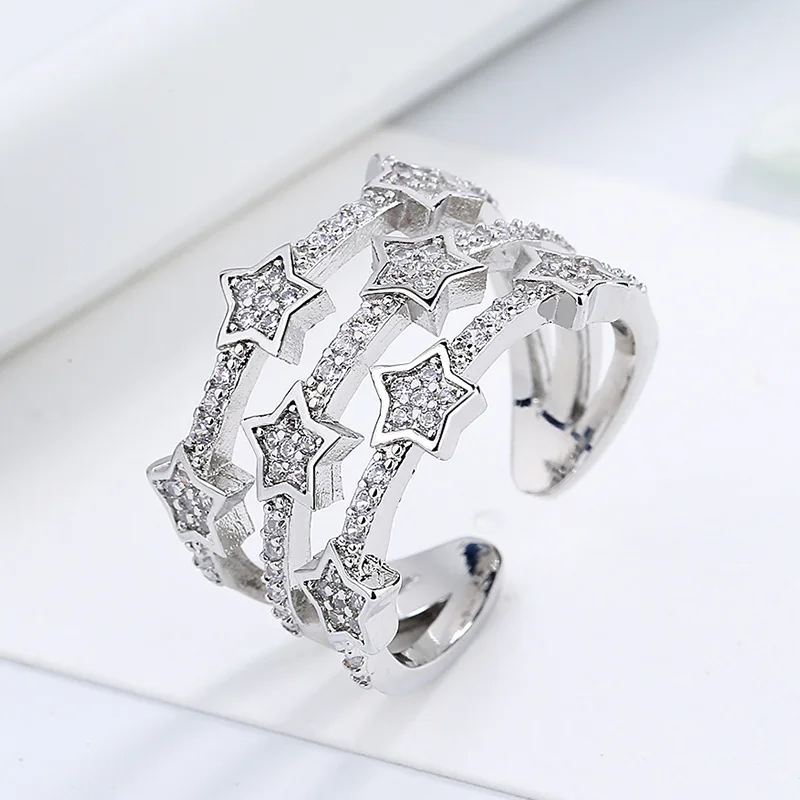 Women's Fashion Open Rings Three Layer Shiny Stars Crystal Zirconia Female Trendy Lovely Fingure Ring Accessories Jewelry Gifts