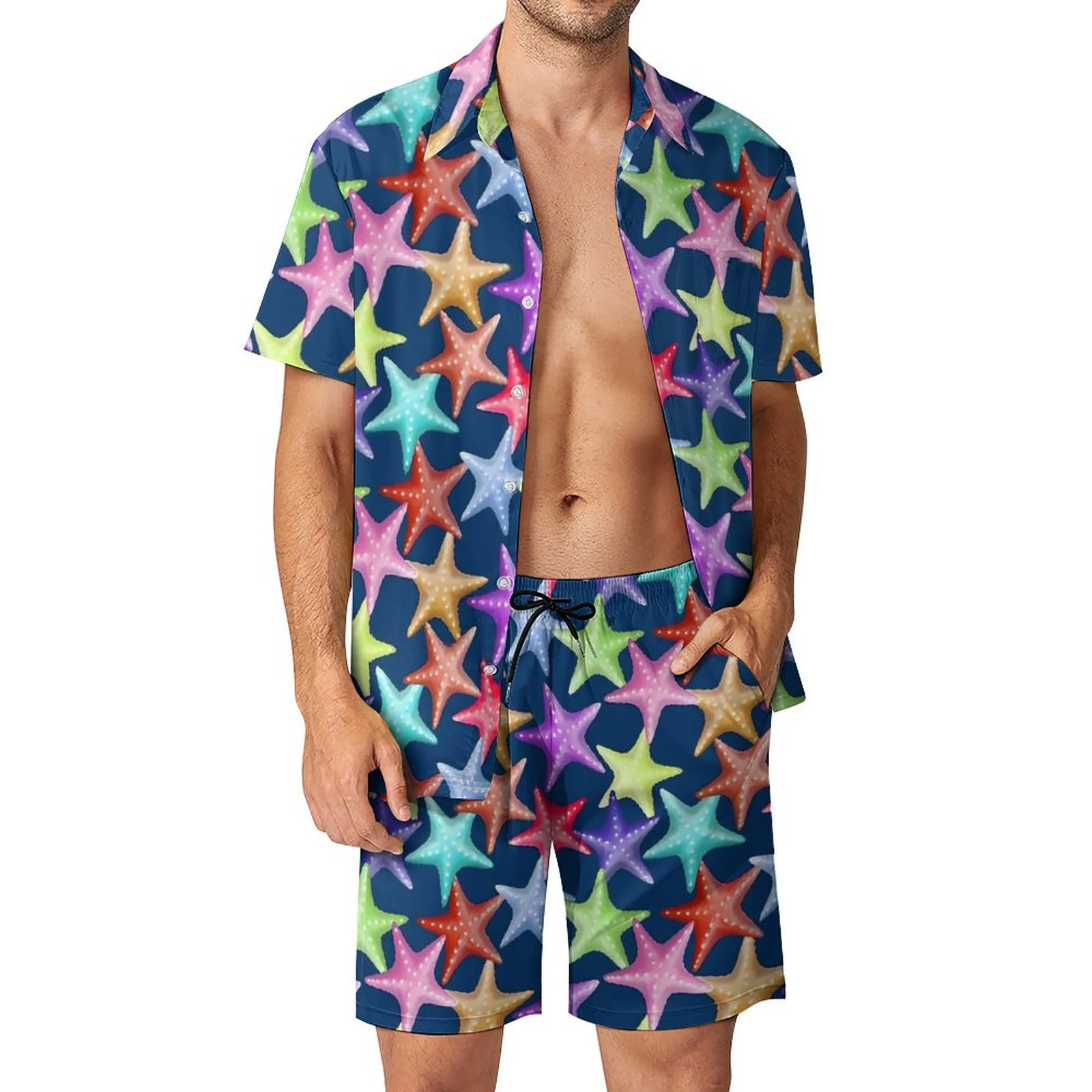 Conjuntos de camisa con estampado 3D de estrella de mar para hombre, camisa de manga corta, pantalones cortos de playa de gran tamaño, ropa de calle, trajes hawaianos, ropa de verano