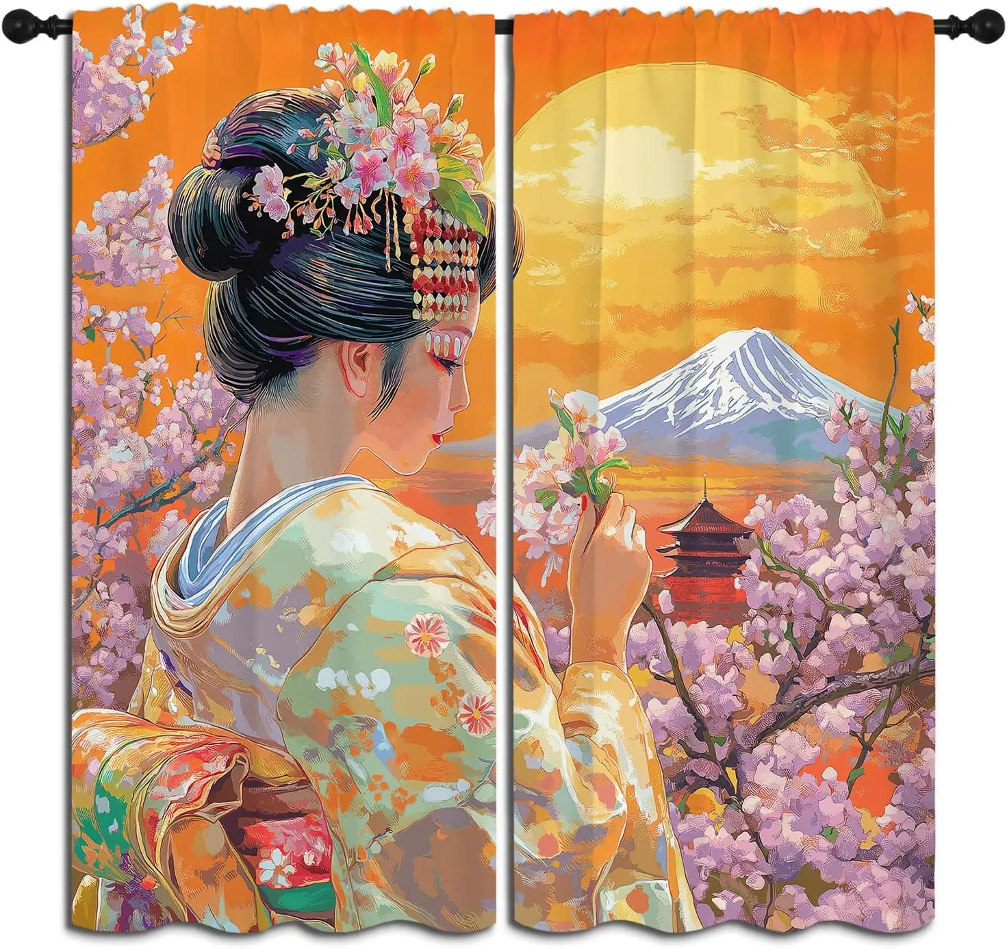 Japanese Geisha Kimono Mount Fuji Cherry Blossom Sunset Blackout Rod Pocket Curtain Ukiyo-e Retro Elegant Bedroom Rest Bay