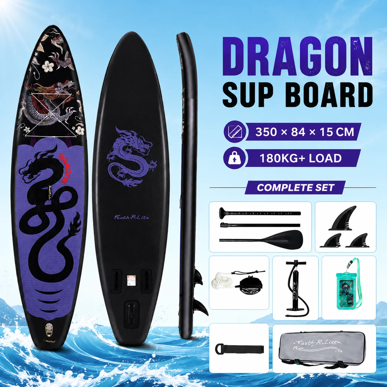 Planche de paddle gonflable Feath-R-Lite Dragon 350x84x15cm, planche SUP, capacité de charge de 180kg, planche de surf pour adultes et jeunes avec pagaie réglable, 3 ailerons, laisse de sécurité, pompe manuelle, sac à dos, sac étanche pour téléphone, sangle, stable, durable, portable, kit de sport nautique, sport de plein air