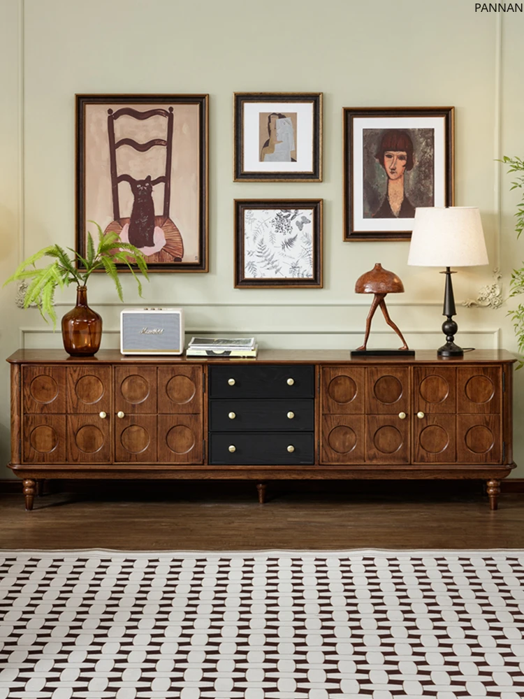 

French retro pure solid wood TV cabinet floor-to-ceiling living room antique TV cabinet