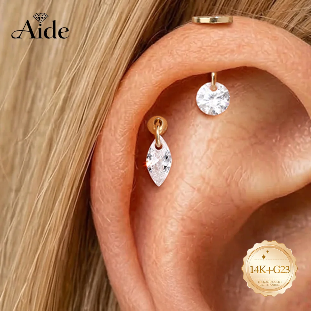 AIDE 14K Solid Gold Dainty Single Sparkling ZIrcon Pendant Women's G23 Titanium Flat Back Piercing Luxury Wedding Bridal Jewelry