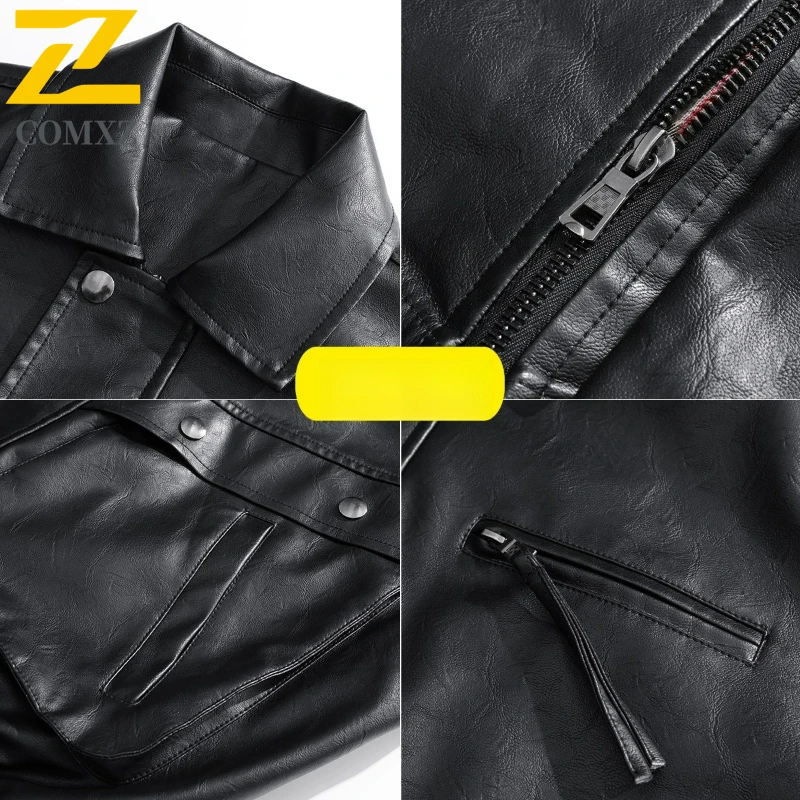 COMXZ Mens Leather Jacket Outdoor Adventure Windproof Leather Coats Fashion Stand Collar Loose Durable Autumn Winter New Coat​
