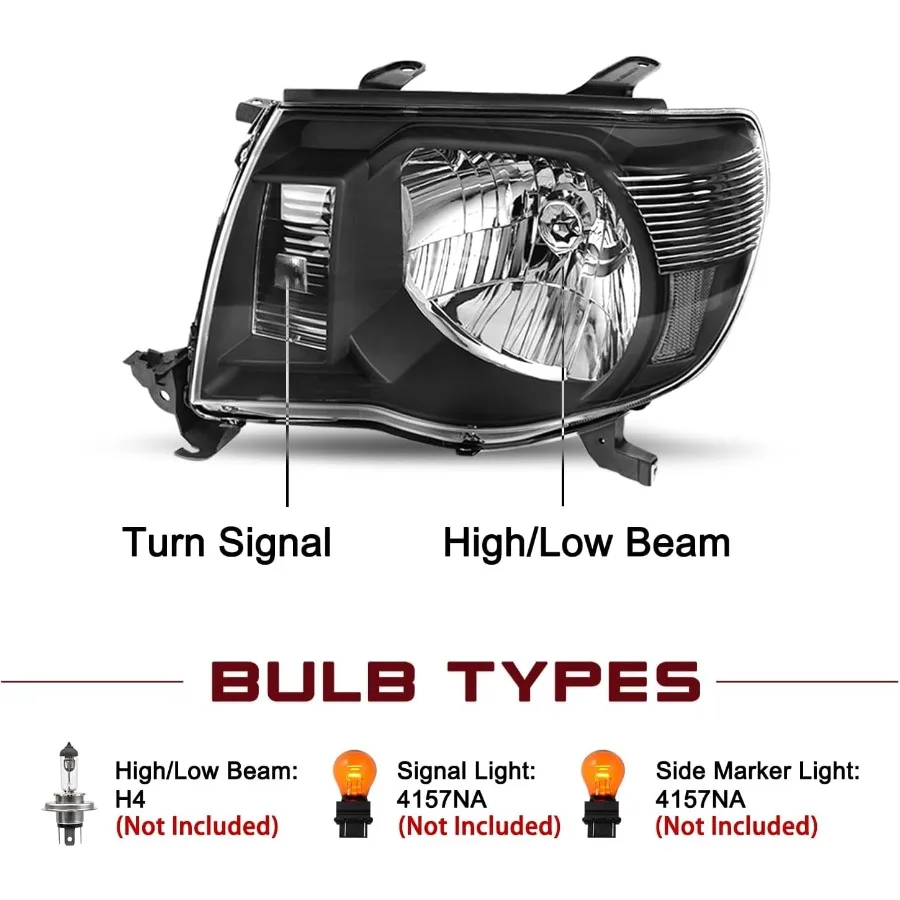استبدال مجموعة المصابيح الأمامية لـ 20052011 Tacoma Pickup Passenger وغطاء أسود جانبي للسائق مع عاكس واضح لـ Enh