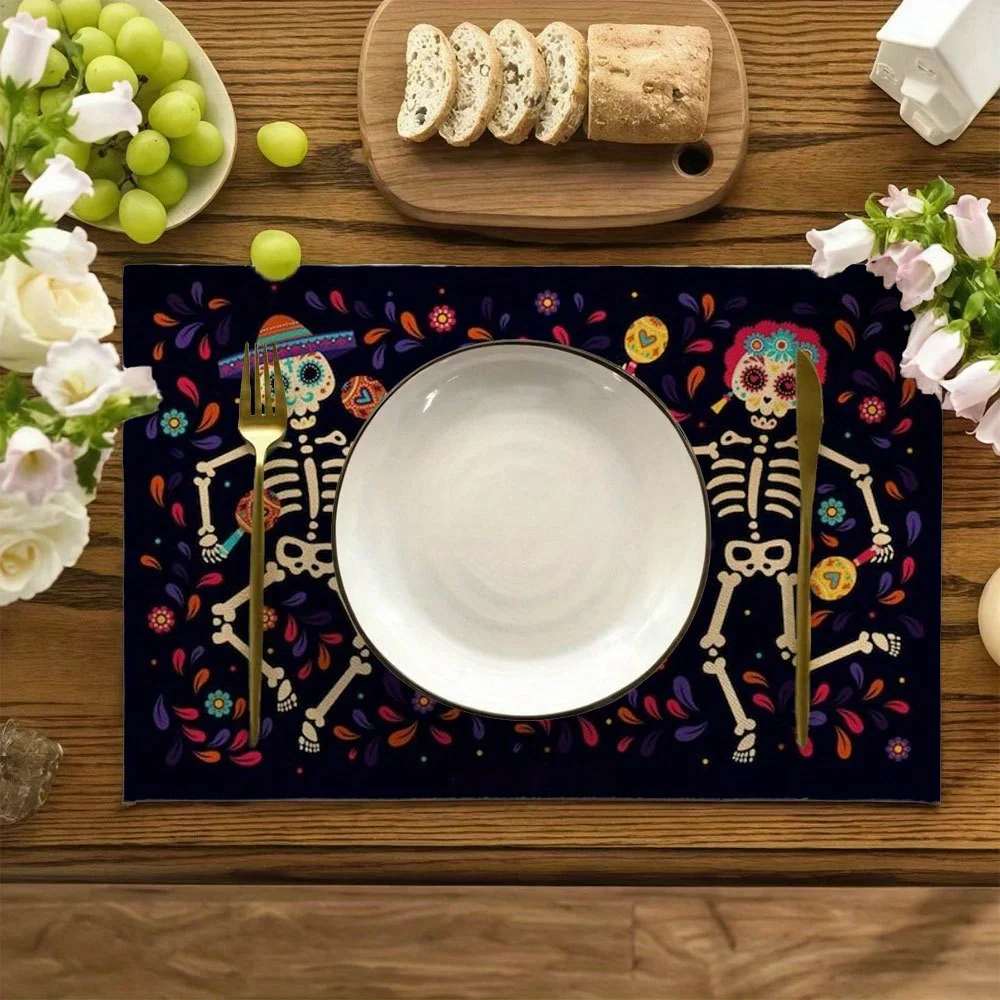 4pcs Day of the Dead Skulls and Flowers Placemats - Vibrant Mexican Fiesta Pattern, Polyester, Machine Washable