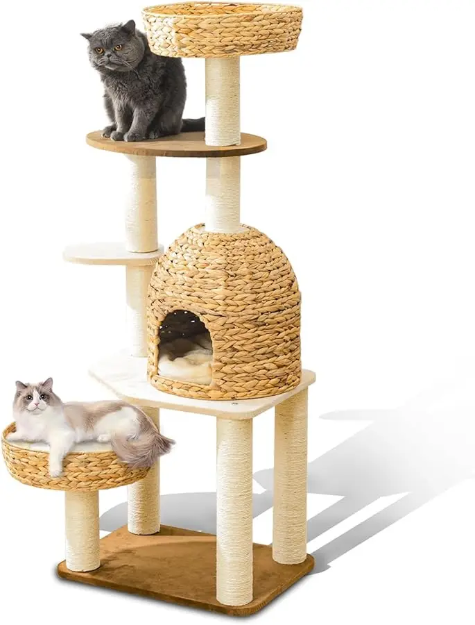 

Large Wood Cat Tree Tower for Indoor Cats, Multi-Cats Scratching Post & Cat Condo with Handwoven Cat House Basket, Thick Sisal P