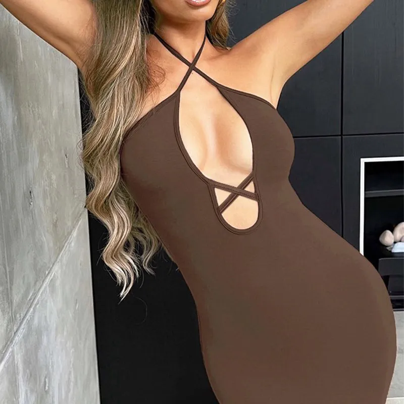 Y2k Mouwloze Sexy Midi Backless Jurken Slanke Nachtclub Party Womens Elegante Lange Jurk Bodycon Hang Hals Holle Jurk Vestidos