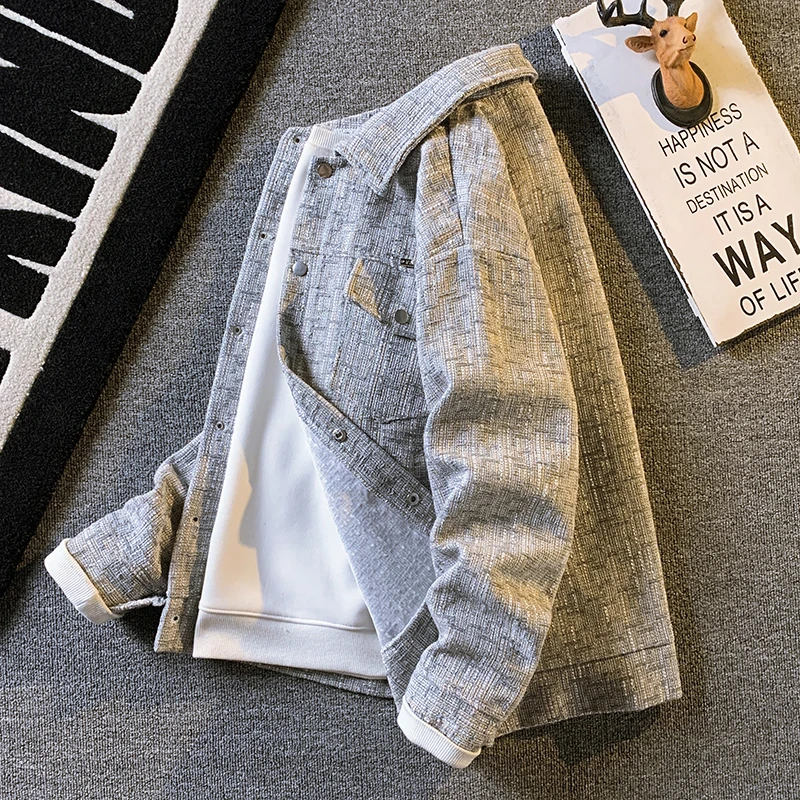 

Мужская повседневная шерстяная куртка с клетчатым узором, свободного кроя, осенняя, молодежная, с длинным рукавом и воротником-стойкой