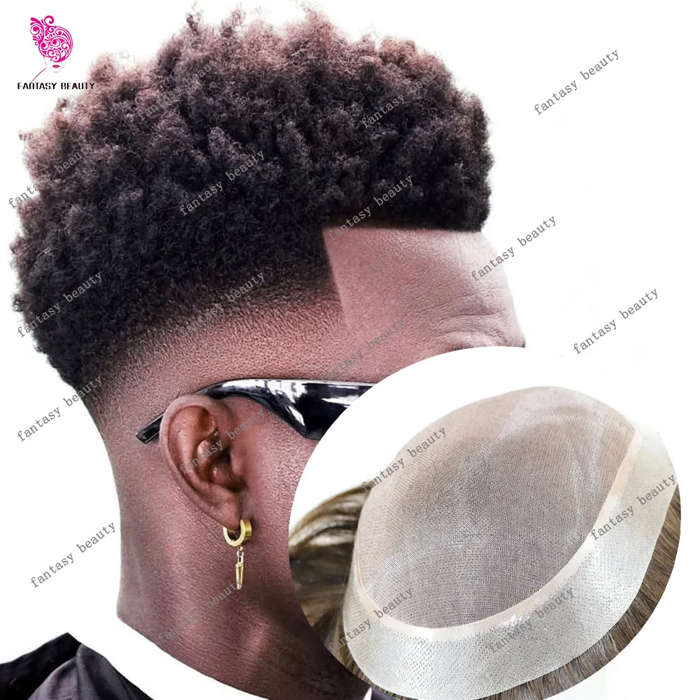 

6MM kinky Afro Curly Durable Skin Pu Black Men's Toupee Breathable Mono Mesh European 100% Human Hair Male Capillary Prosthesis