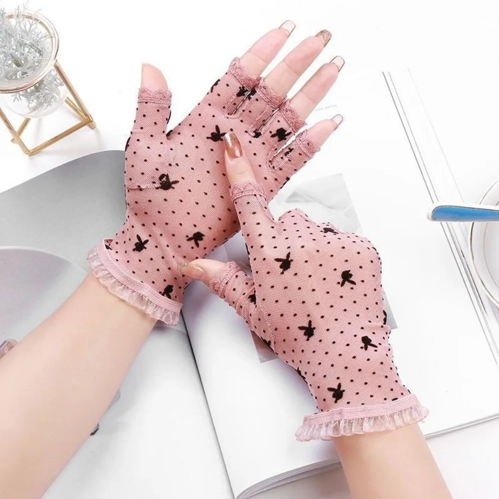 Lace Design Half Finger Gloves Summer Weight Little Rabbit Pattern Short Gloves Thin Material Exposed Finger Thin Gloves