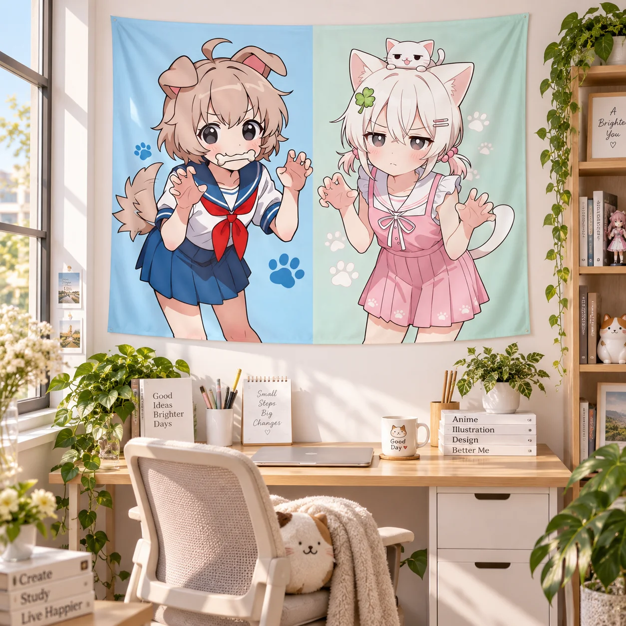 Cute Cat Ear Dog Ear Anime Girl Wall Tapestry Chibi Cartoon Paw Print Print Wall Hanging Dorm Bedroom Kawaii Aesthetic Home