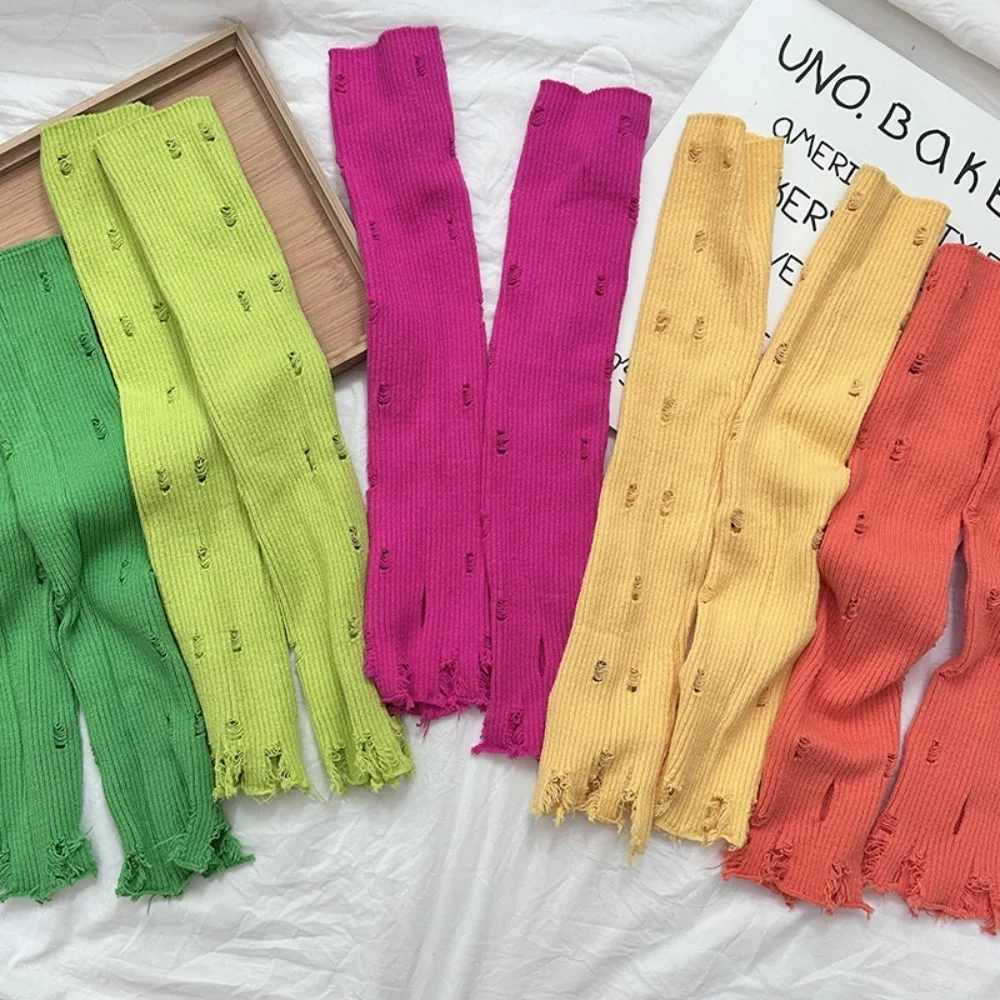 

Korean Style Knitted Ripped Arm Sleeves Dopamine Color Y2k Long Fingerless Gloves Elastic Hole Warm Arm Covers