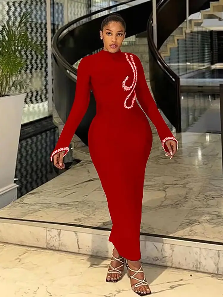 Winter New Women Sexy Long Sleeve Crystal Xmas Red Black Long Bandage Dress Ankle Length Elegant Evening Club Party Dress