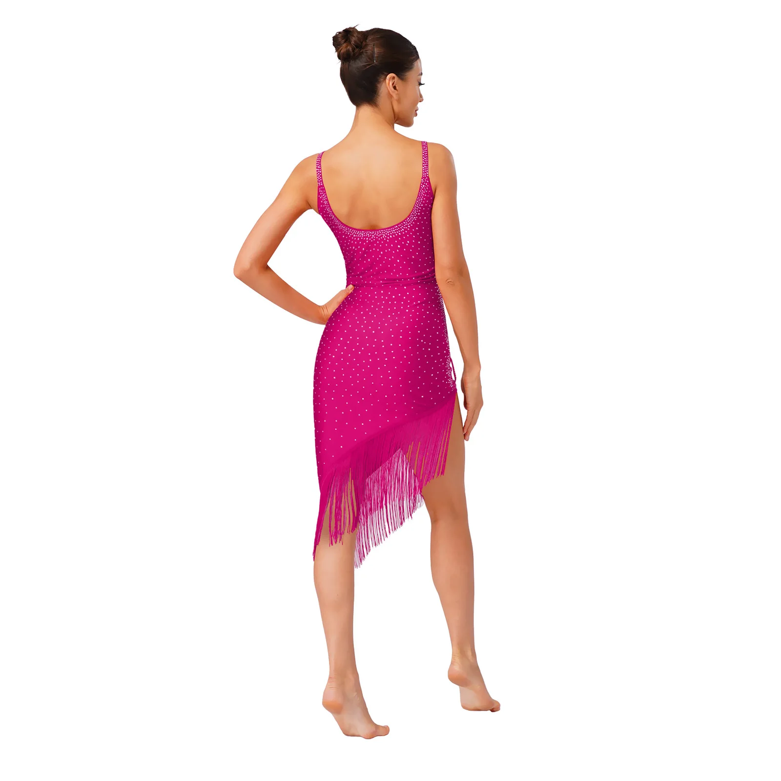 Damen-Kleid für lateinamerikanischen Tanz mit Quasten, glitzerndes Strass-Schnürkleid mit unregelmäßigen Fransen, Cami-Kleid für Salsa, Samba, Rumba, Cha-Cha, Ballsaal