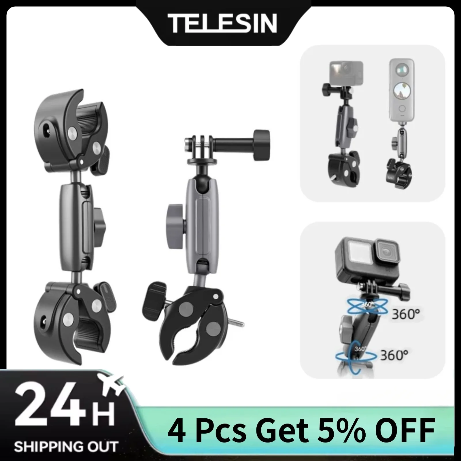 

TELESIN Motorcycle Bicycle Holder Handlebar Mount Bracket for Go Pro Hero 13 12 11 10 9 8 7 MAX DJI Action 5 4 3 Insta360 X4 X3