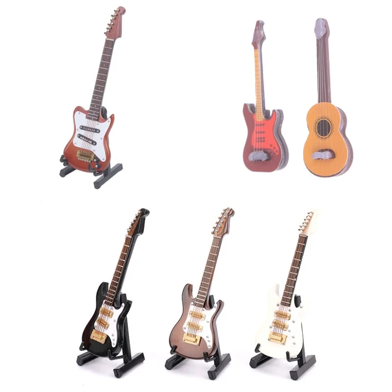 1/6 Dollhouse Miniature Wooden Electric Guitar With Stand Model Instrument Toy