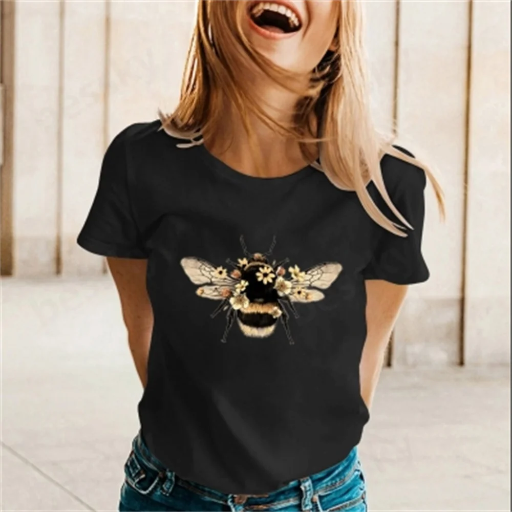 

Women's Spring/Summer Bee Printed Short Sleeve Round Neck T-shirt