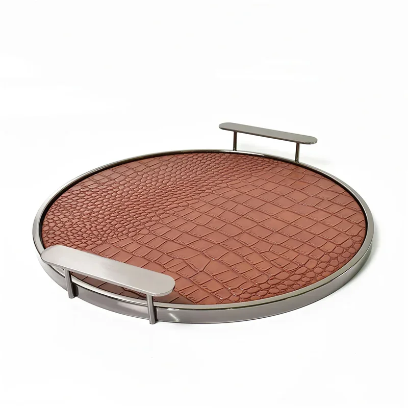 Decorative Metal Leather Presentation Tray Large Green Round Handle Storage Jewelry Makeup Organizer Tray Home Decoration