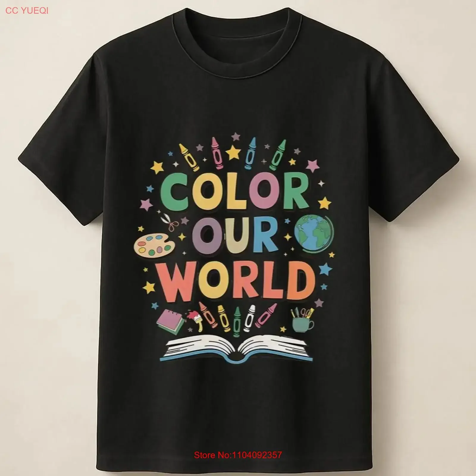 Color Our World Illustration With Stars Crayons Book And Globe T Shirt vintage Washed designer clothes Stretched Casual