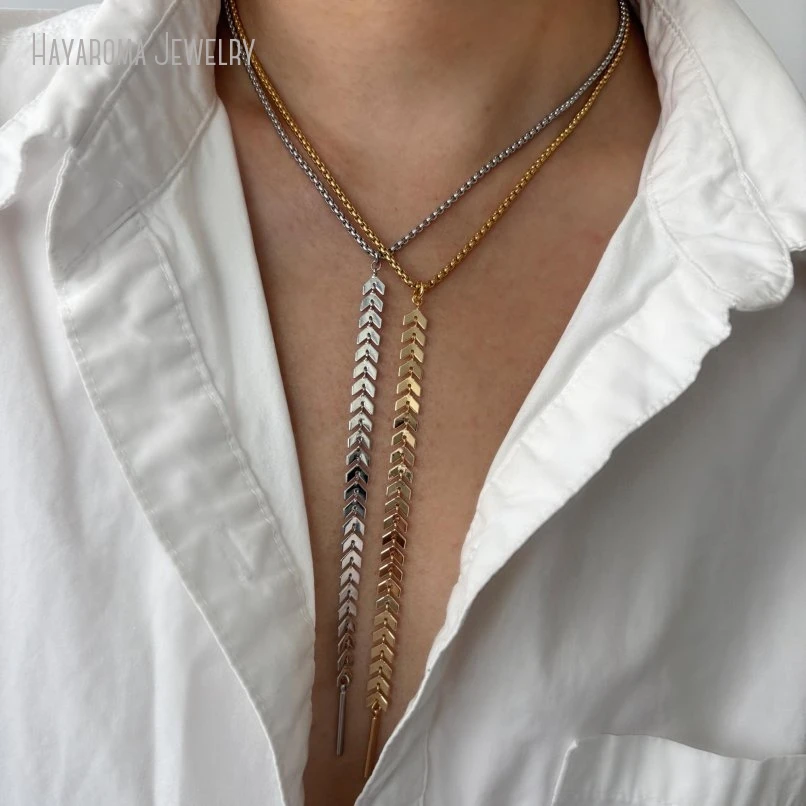 

10Pcs Chevron Fishbone Chain Handmade Y Lariat Layering Long Drop Necklace Women Stainless Steel Jewelry