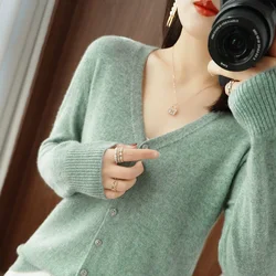 Hot Sale Spring Women's Cardigan V-Neck Knitted Shirt Chic Tops Cashmere Causal Coat Solid Color Jacket Soft Comfortable Sweater