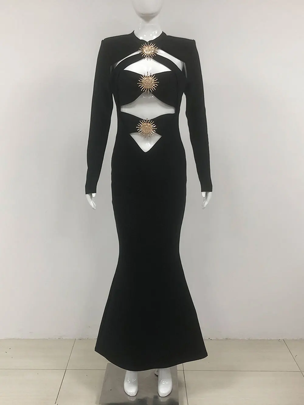 2024 Sexy Vrouwen Holle Bandage Jurk O-hals Lange Mouw Bodycon Metalen Gesp Ontwerp Lange Jurken Avond Club Party vestidos