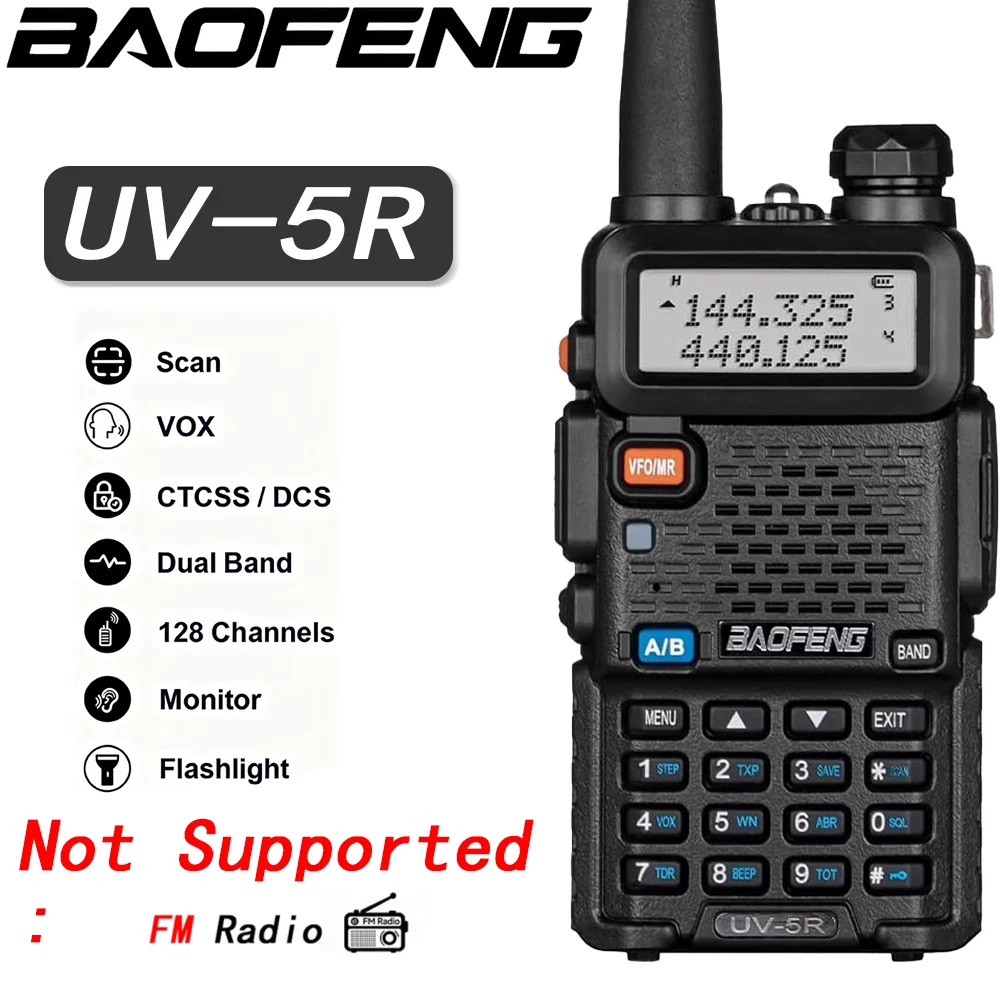 วิทยุสื่อสารแบบมือถือ BaoFeng UV-5R แบบสองย่านความถี่ พร้อมแบตเตอรี่สำรอง 1800mAh ชุดอุปกรณ์ครบครัน