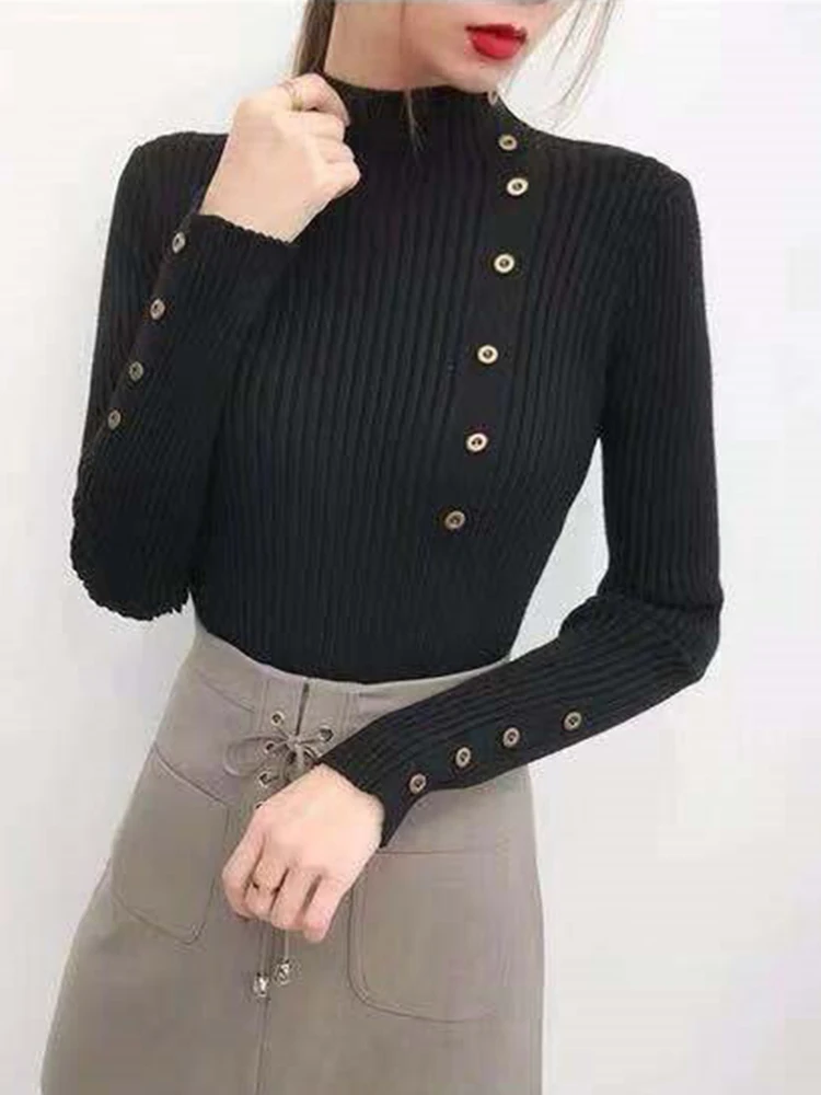 2024 Women Autumn Knitted Slim Sweaters Solid Knitted Female Cotton Soft Elastic Color Pullovers Button Full Sleeve Turtleneck