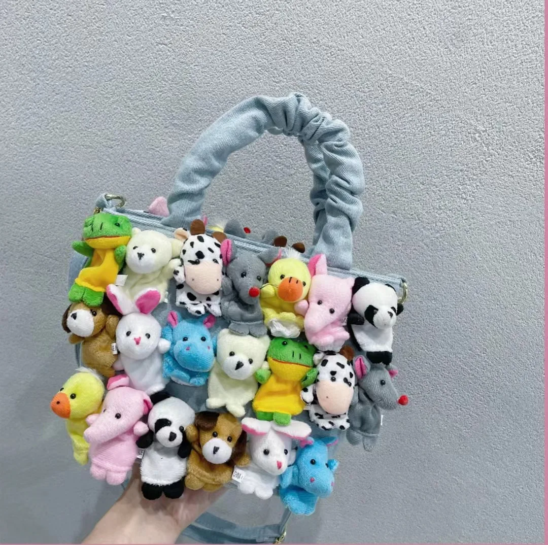 FIRMRANCH Super Cute Double-Sided Doll Cartoon Mini Animal Trend Handbag Shoulder Cross Bag Female Sweet Crinkled Handle Denim