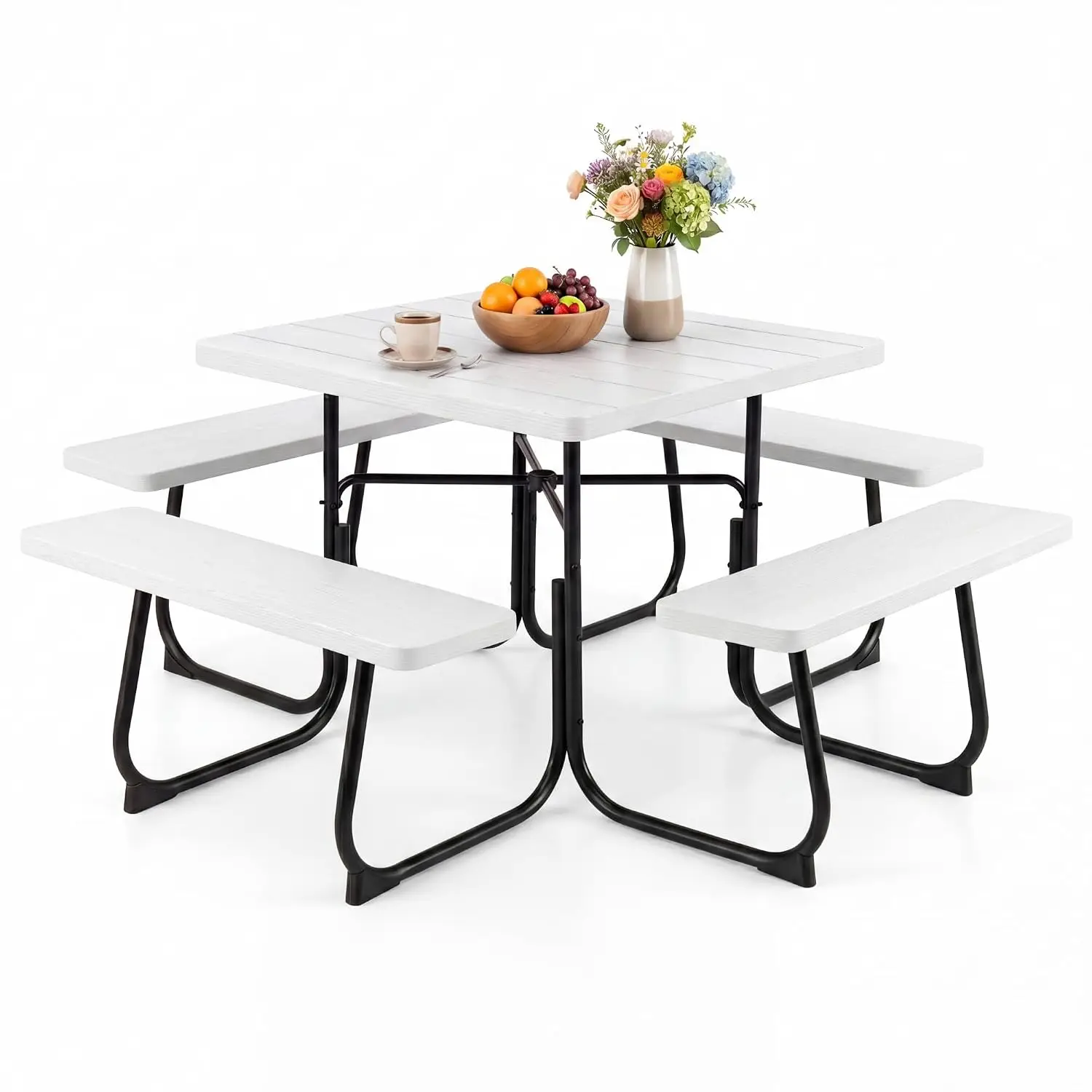 Square Picnic Table with Umbrella Hole, 8 Person Outdoor Table Metal Frame HDPE Top for BBQ Patio 2300LBS, Customized